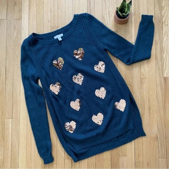 Lauren Conrad Crew Neck Gold Sequin Heart Sweater – Size XS - Picture 2 of 12
